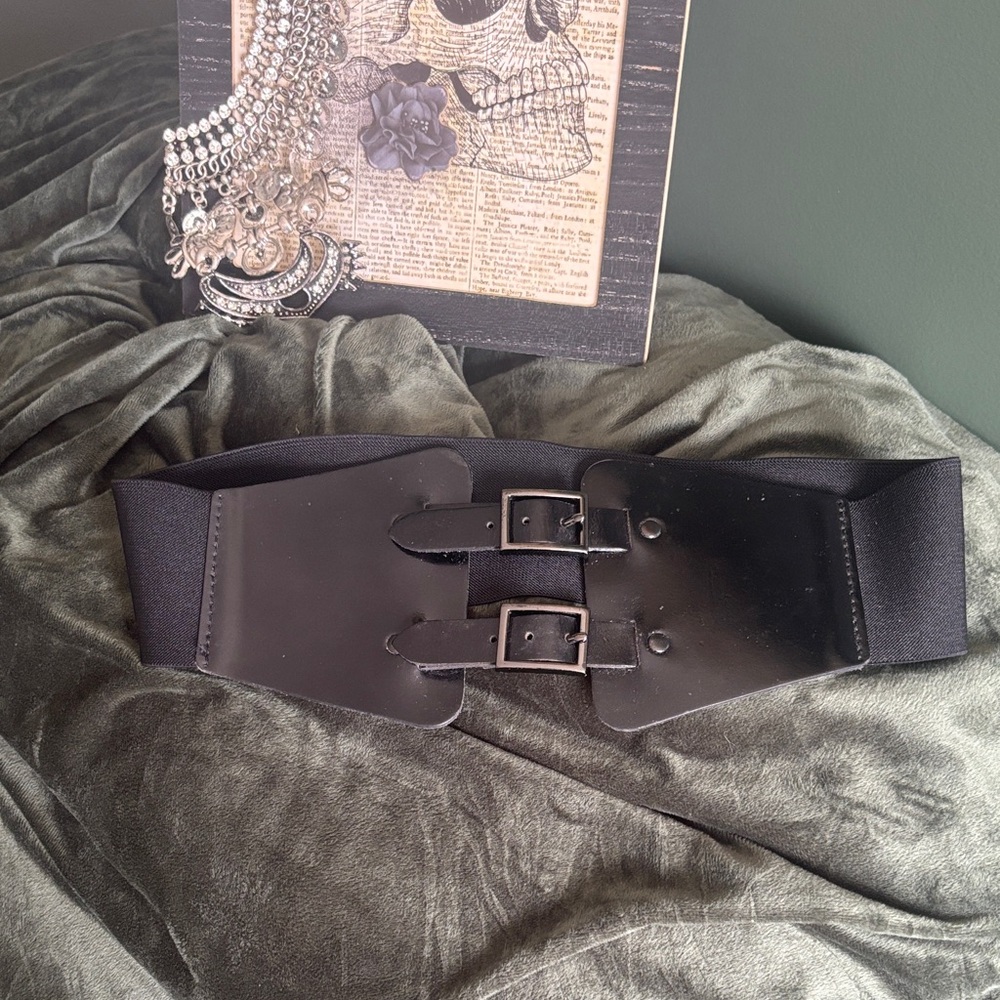 Vintage Gothic Steampunk Black Leather & Elastic Double Buckle Waist Belt 🖤🥀